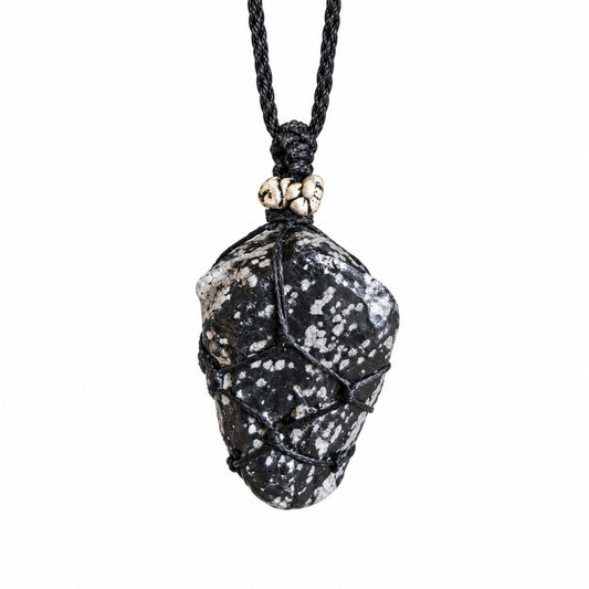 SNOWFLAKE OBSIDIAN ROUGH MACRAME NECKLACE