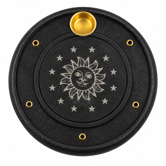 ROUND WOODEN BLACK GALAXY INCENSE BURNER