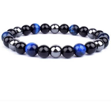 TRIPLE PROTECTION ENERGY BRACELET 8 mm - BLUE TIGER EYE, HEMATITE & OBSIDIAN