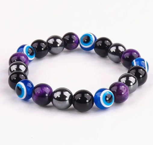 AGAINST EVIL EYE TRIPLE PROTECTION BRACELET - PURPLE TIGER EYE, HEMATITE & OBSIDIAN