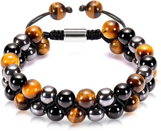 TRIPLE PROTECTION DOUBLE ROW ADJUSTABLE BRACELET - TIGER EYE, HEMATITE & OBSIDIAN