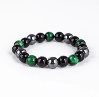 TRIPLE PROTECTION BRACELET 8 mm - GREEN TIGER EYE, HEMATITE & OBSIDIAN