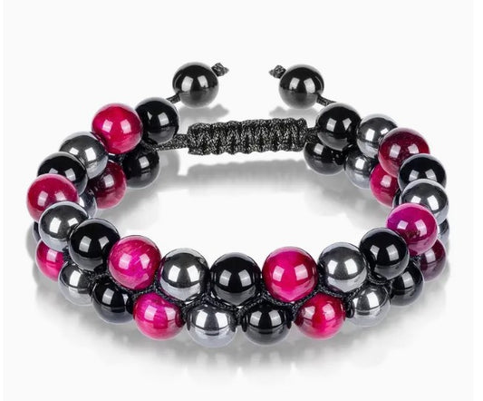 TRIPLE PROTECTION DOUBLE ROW ADJUSTABLE BRACELET - PINK TIGER EYE, HEMATITE & OBSIDIAN