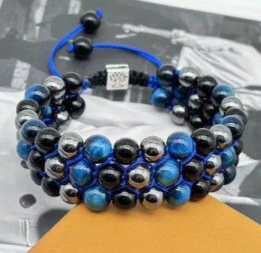 TRIPLE PROTECTION TRIPLE ROW BRACELET - BLUE TIGER EYE, HEMATITE & OBSIDIAN