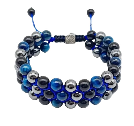 TRIPLE PROTECTION TRIPLE ROW BRACELET - BLUE TIGER EYE, HEMATITE & OBSIDIAN