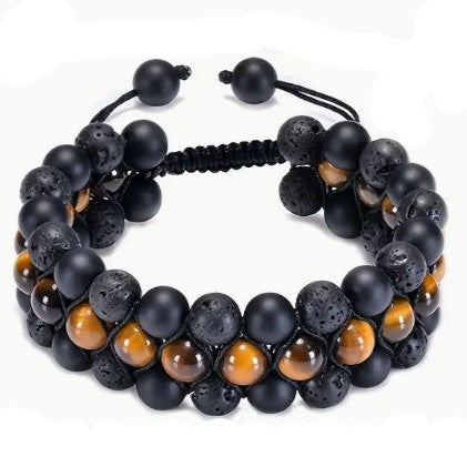 TRIPLE PROTECTION TRIPLE ROW BRACELET - TIGER EYE, ONYX & LAVA STONE