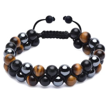 TRIPLE PROTECTION DOUBLE ROW ADJUSTABLE BRACELET - TIGER EYE, HEMATITE & OBSIDIAN