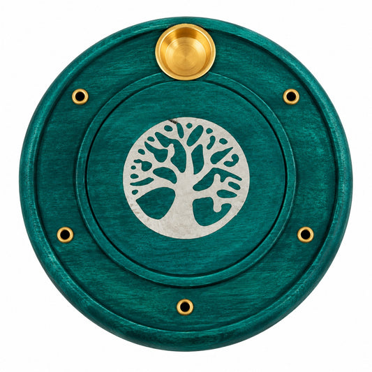 ROUND WOODEN GREEN TREE OF LIFE INCENSE BURNER