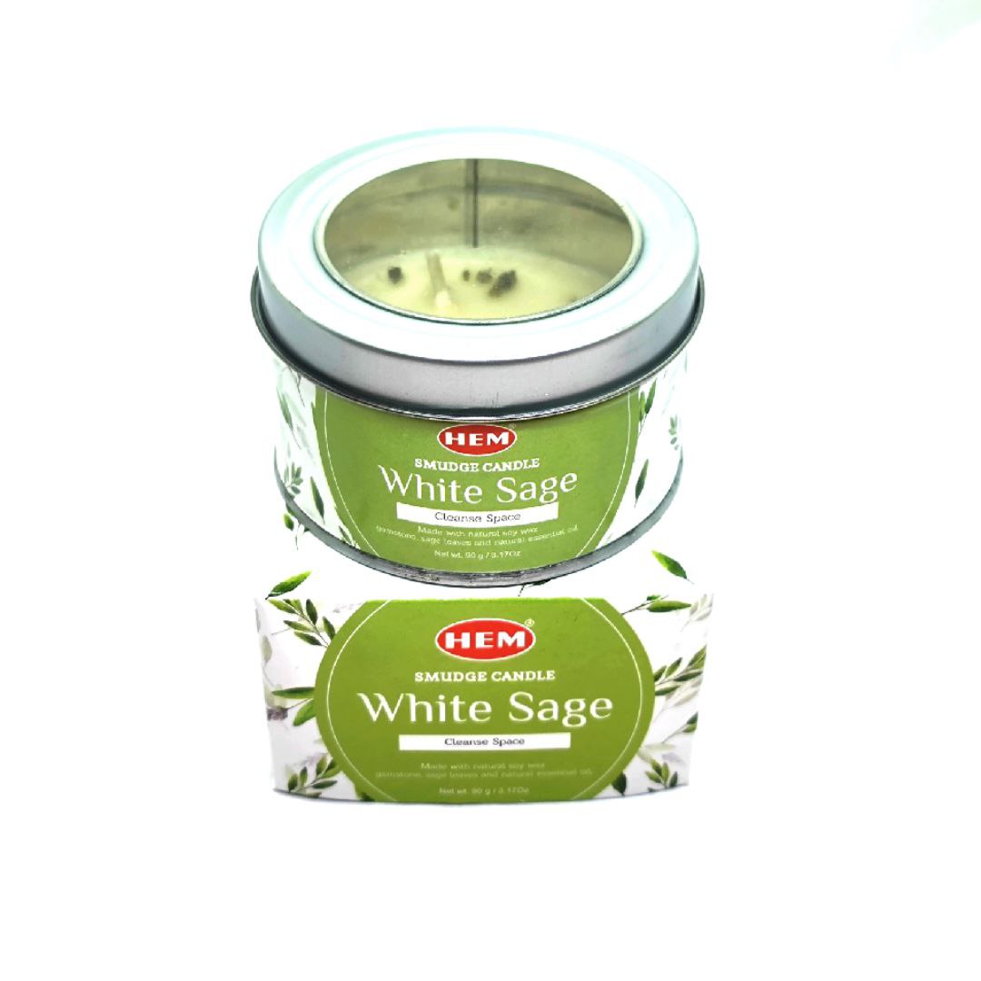 HEM WHITE SAGE SMUDGE CANDLE IN A TIN
