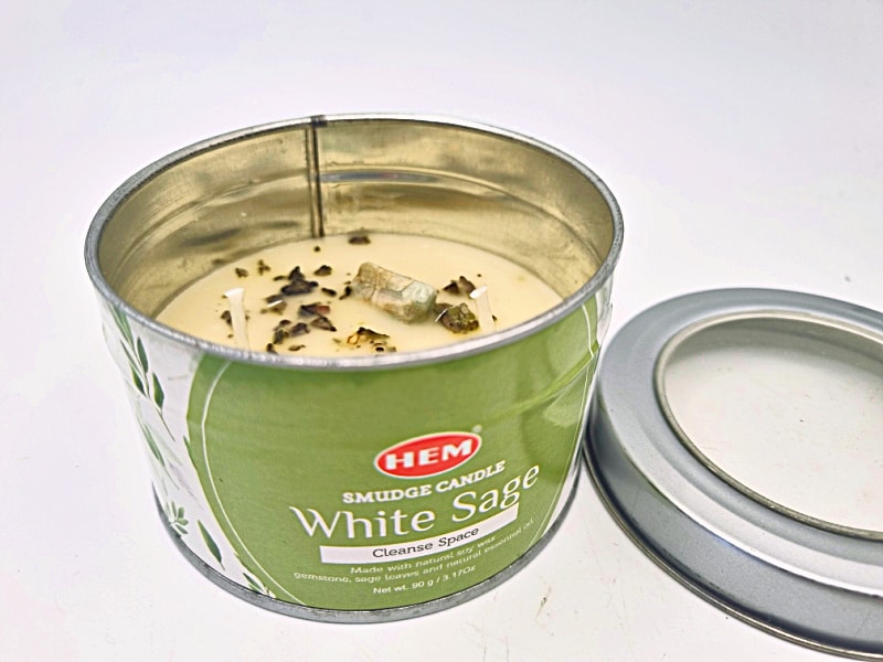 HEM WHITE SAGE SMUDGE CANDLE IN A TIN