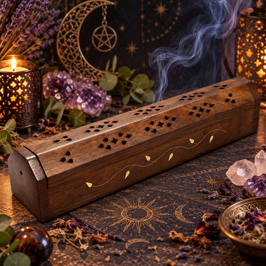 WOODEN GOLD LEAF BROWN INCENSE HOLDER AND BURNER