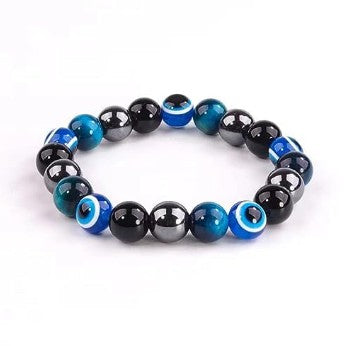 AGAINST EVIL EYE TRIPLE PROTECTION BRACELET 8 mm - TIGER EYE, HEMATITE & OBSIDIAN (Copy)