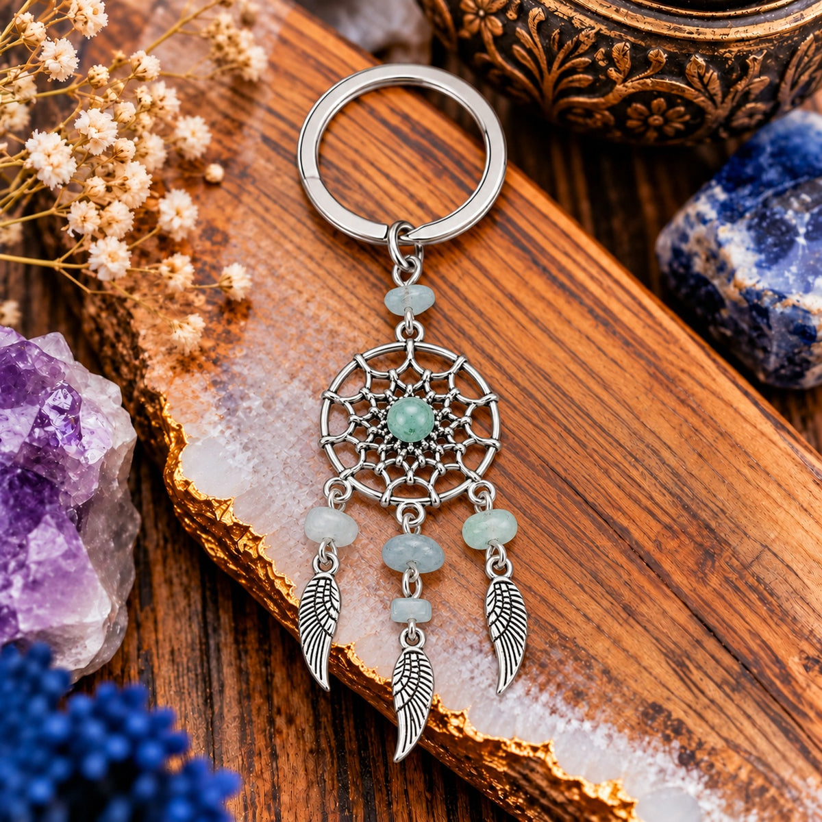 Green Aventurine Dreamcatcher Keychain - Wildlings Crystals South Africa
