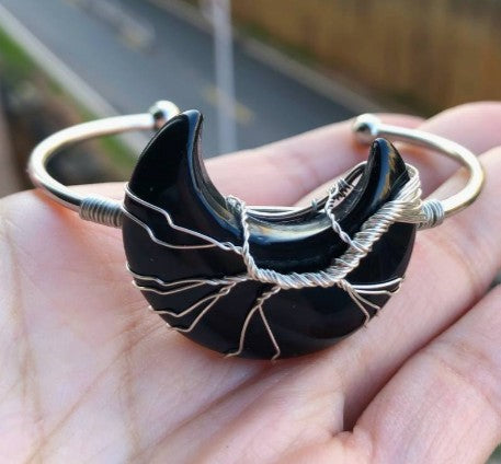 Black Onyx Moon Wire Wrapped Energy Bangle - Wildlings Crystals South Africa