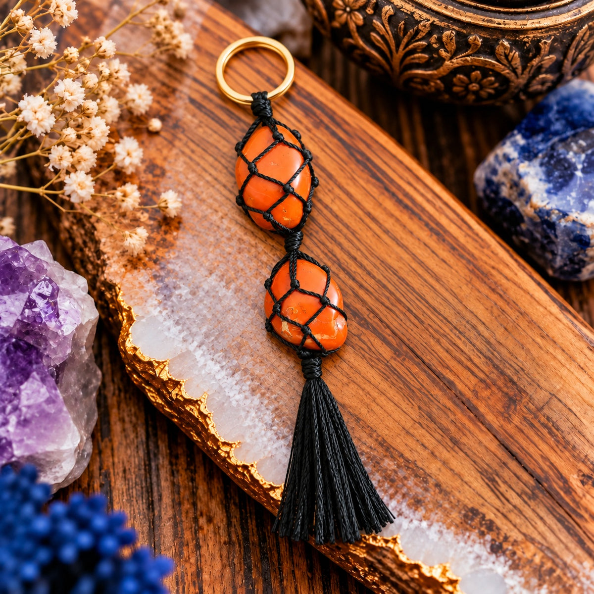Red Jasper macrame keychain lifestyle image - Wildlings Crystals South Africa