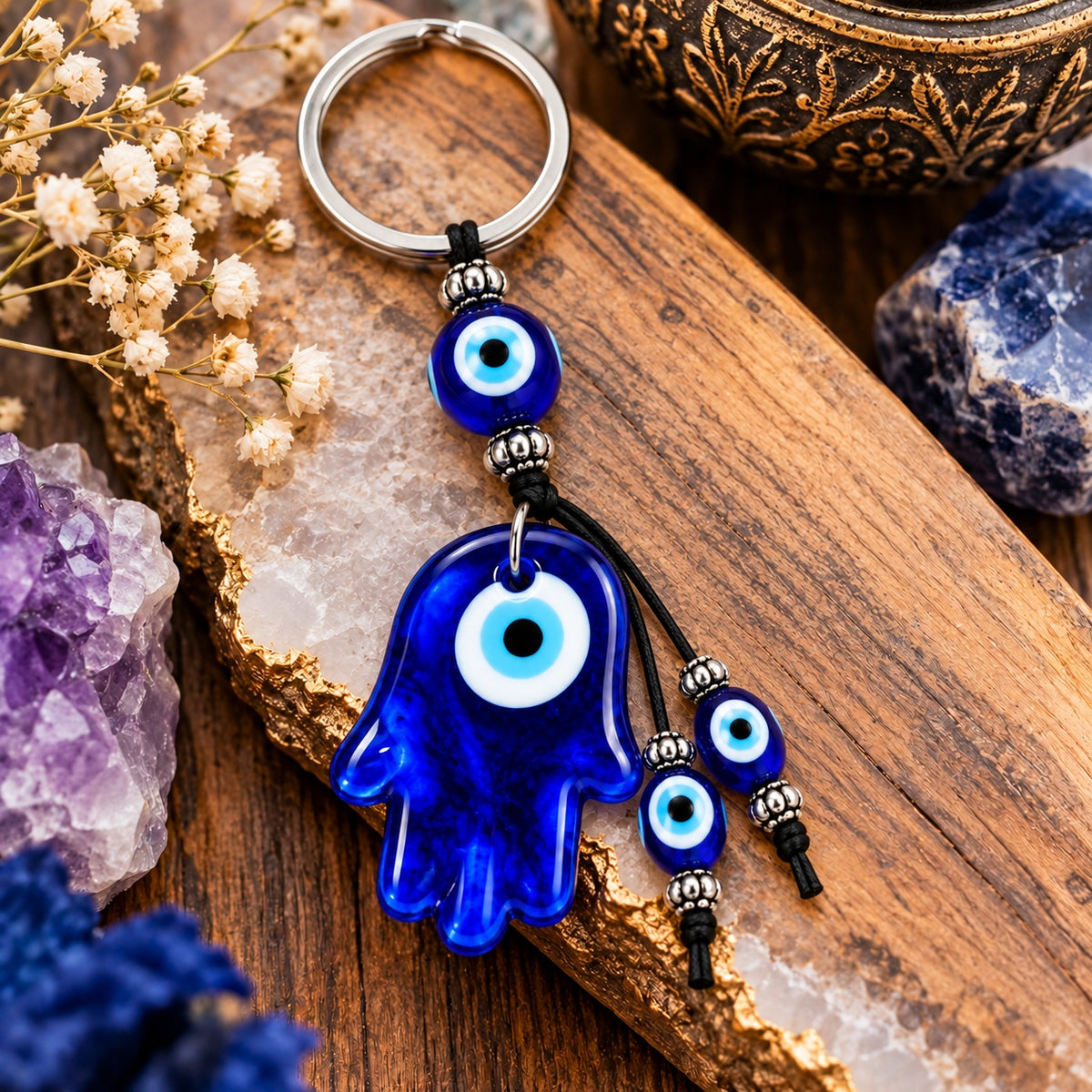 Hamsa Hand Glass Evil Eye Keychain - Wildlings Crystals South Africa