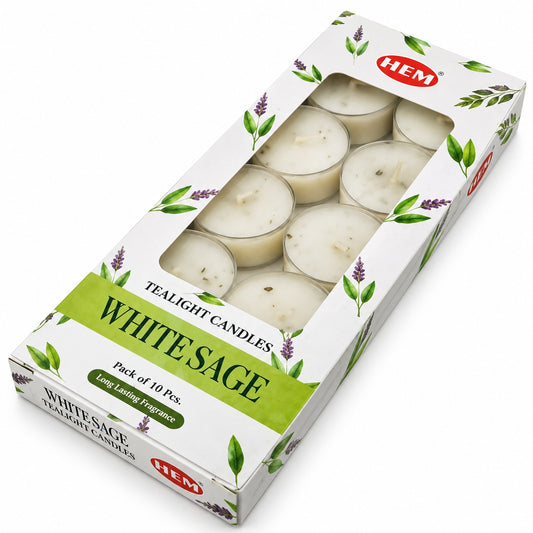 WHITE SAGE HEM TEA LIGHT CANDLES PACK OF 10