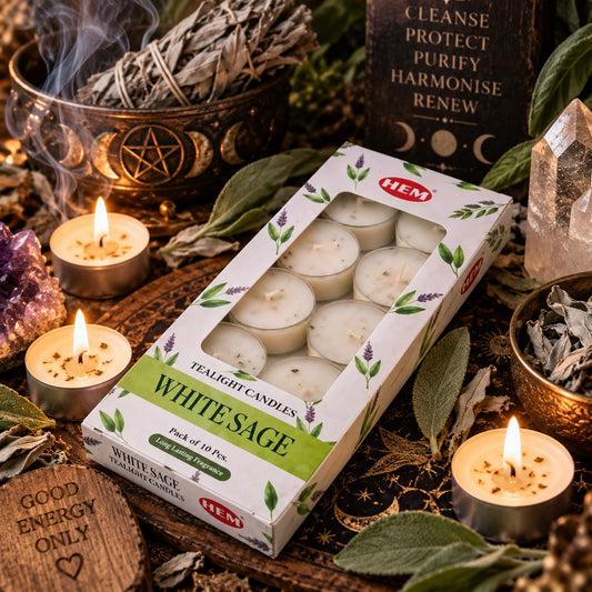 WHITE SAGE HEM TEA LIGHT CANDLES PACK OF 10