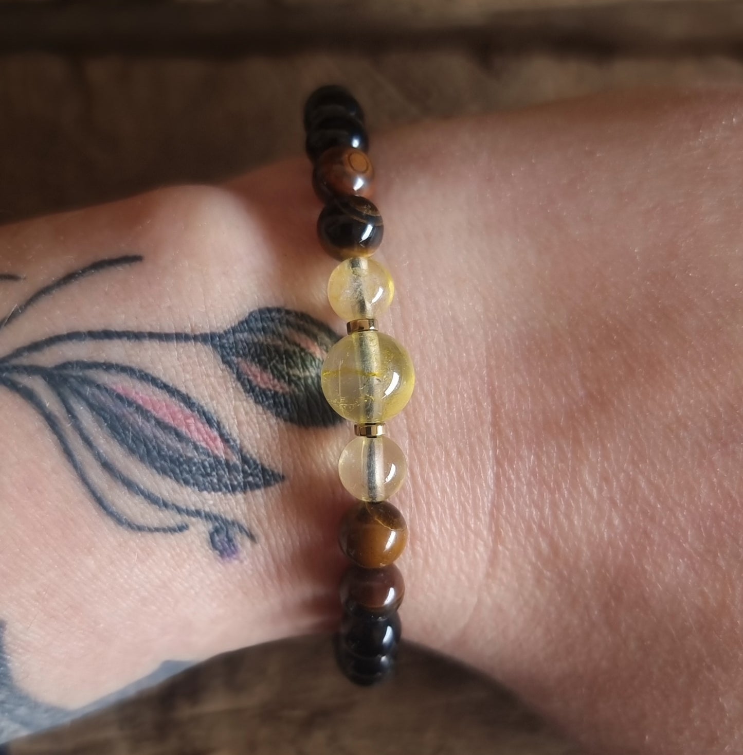 TOURMALINE,CITRINE & TIGERS EYE ADJUSTABLE BRACELET - PROTECTION, PROTECTION & PERSONAL POWER