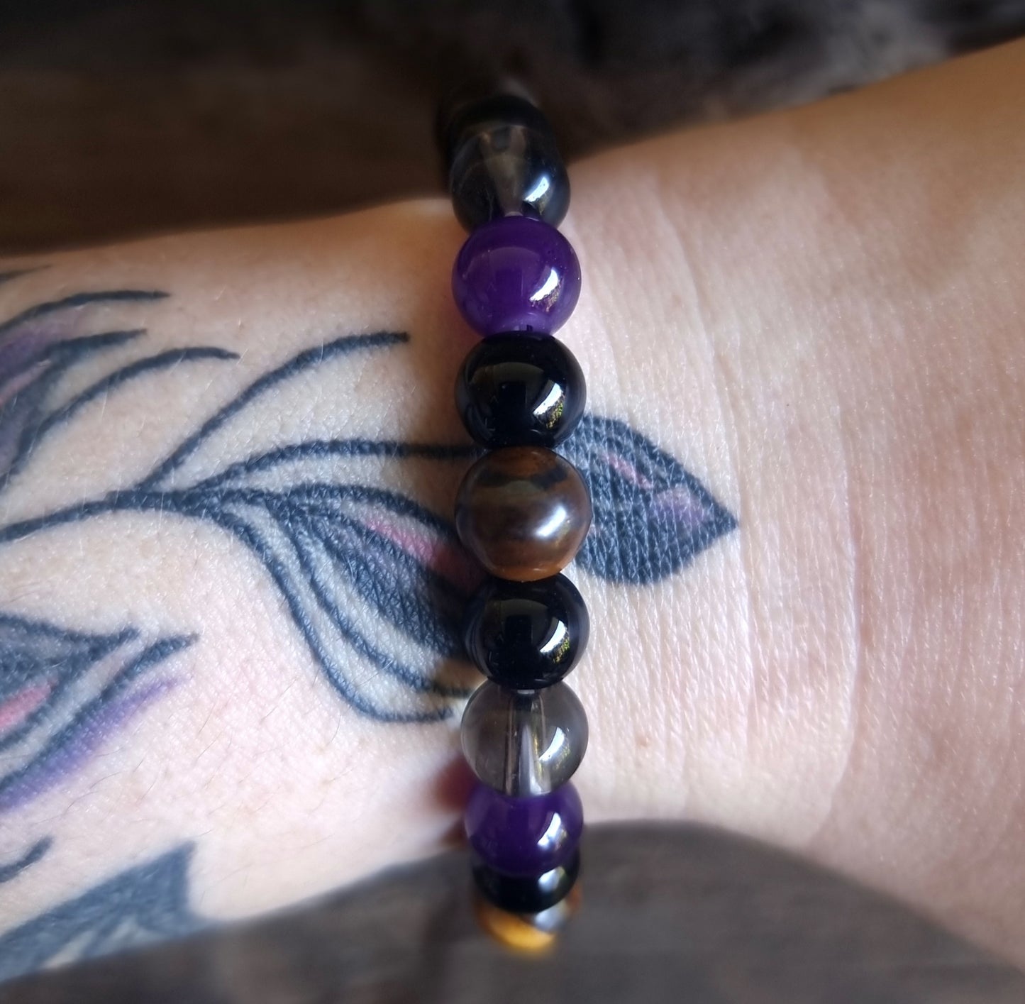 TRIPLE PROTECTION BRACELET 8 mm - AMETHYST, TIGER EYE, OBSIDIAN & SMOKY QUARTZ