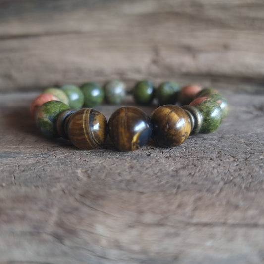 TIGER EYE & UNAKITE JASPER BRACELET 12mm - NEW BEGINNINGS