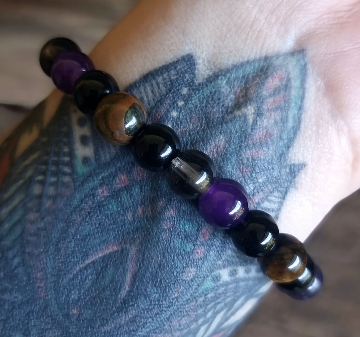 TRIPLE PROTECTION BRACELET 8 mm - AMETHYST, TIGER EYE, OBSIDIAN & SMOKY QUARTZ