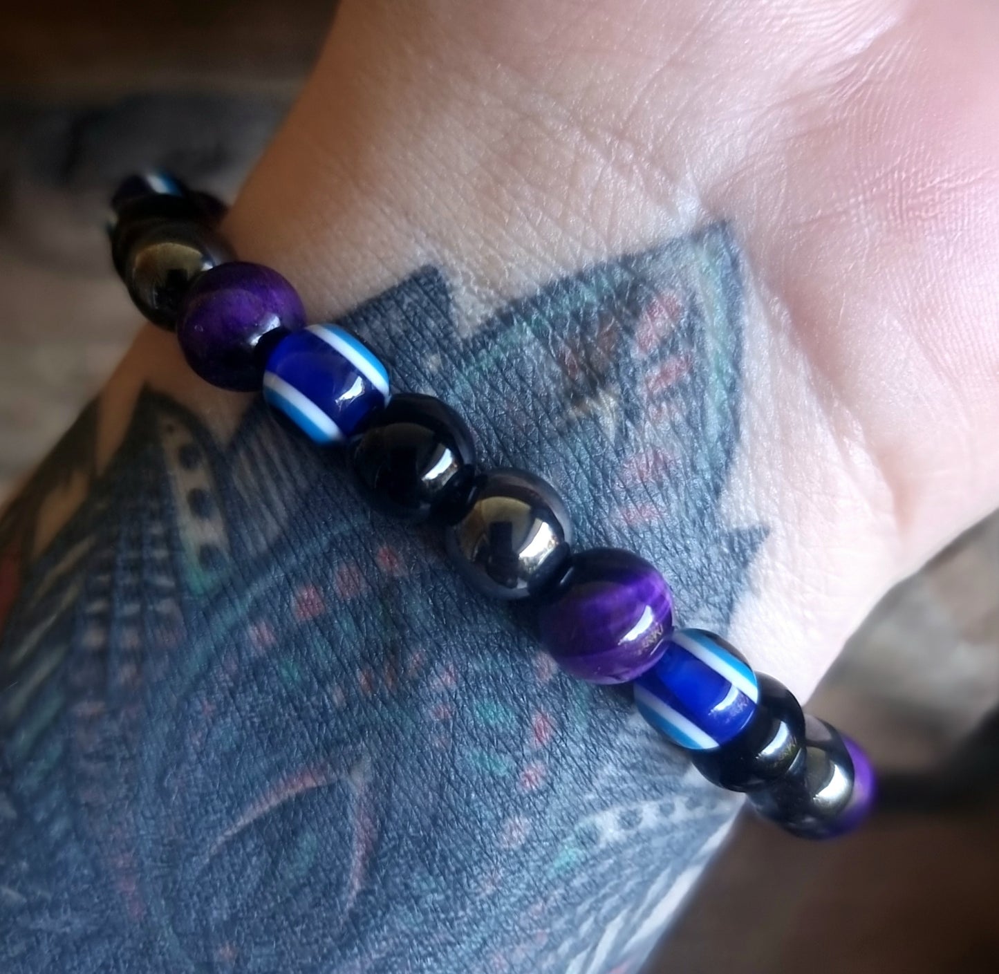 AGAINST EVIL EYE TRIPLE PROTECTION BRACELET 8 mm - PURPLE TIGER EYE, HEMATITE & OBSIDIAN