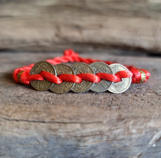 LUCKY 5 COINS RED WOVEN BRACELET