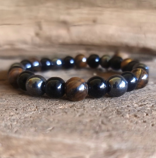 TRIPLE PROTECTION ENERGY BRACELET 8 mm - TIGER EYE, HEMATITE & OBSIDIAN