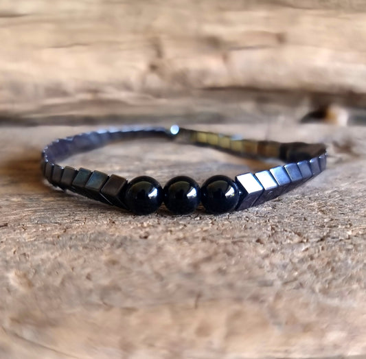 HEMATITE FACETED & BLACK AGATE DUO ENERGY BRACELET 4 mm - GROUNDING & PROTECTION