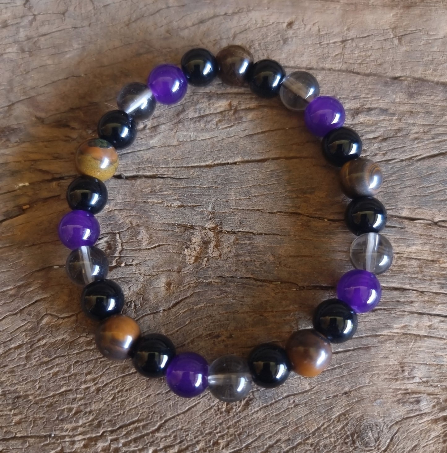 TRIPLE PROTECTION BRACELET 8 mm - AMETHYST, TIGER EYE, OBSIDIAN & SMOKY QUARTZ