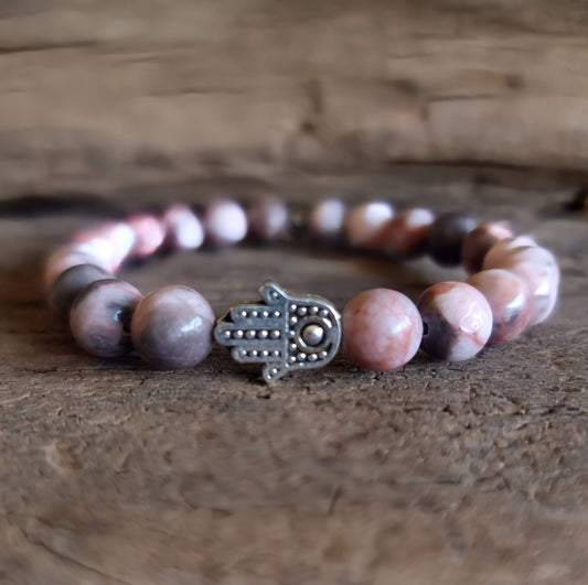 PINK ZEBRA JASPER ENERGY HAMSA HAND BRACELET 8 mm - COURAGE