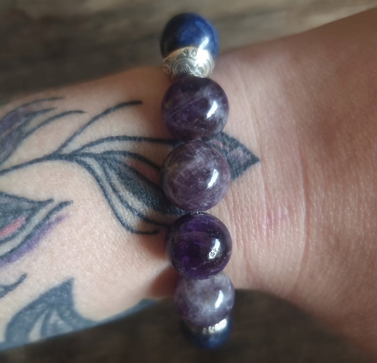 AMETHYST & LAPIS LAZULI HAMSA HAND BRACELET 12mm - INTUITION & WISDOM