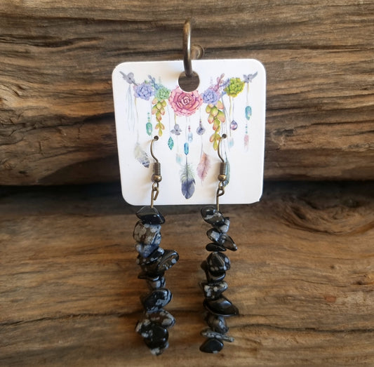 SNOWFLAKE OBSIDIAN CHIPPED EARRINGS 7cm - GRIEVING STONE