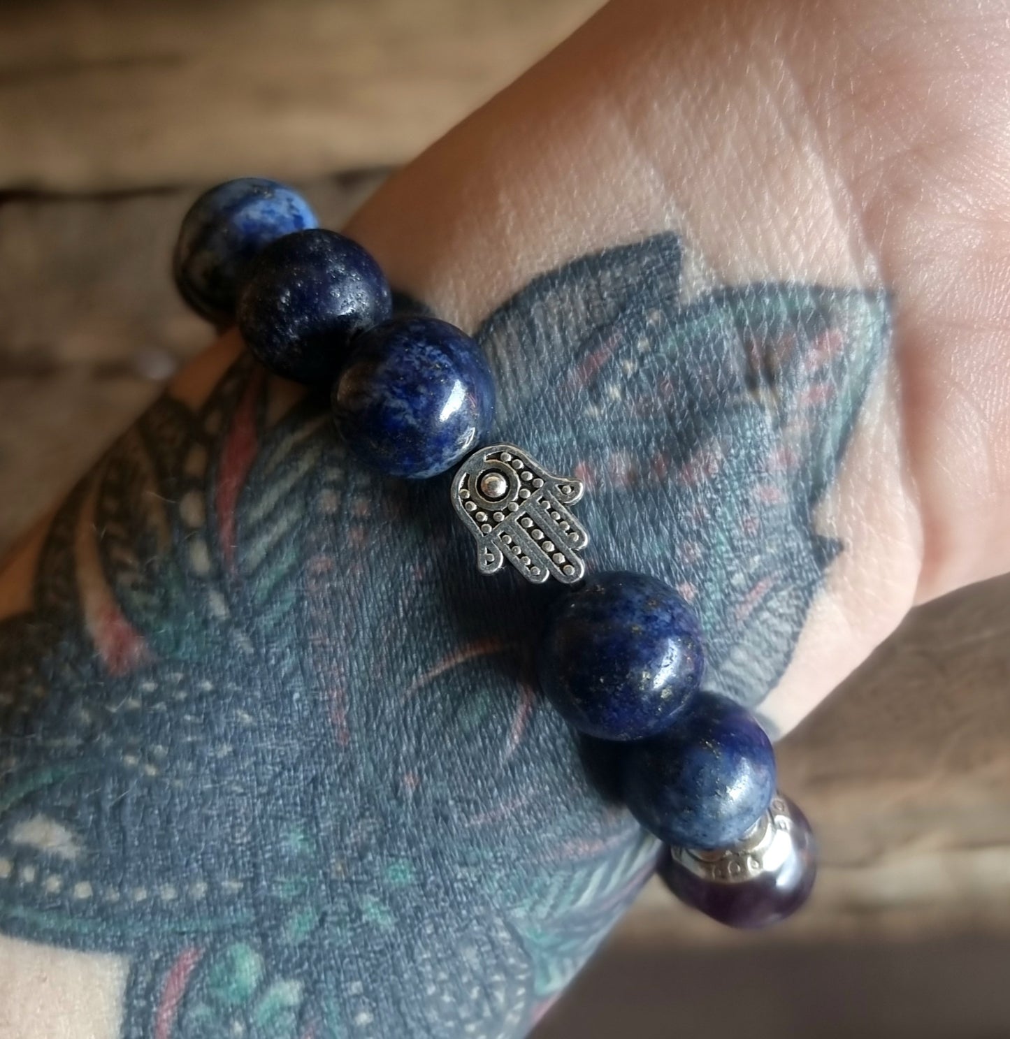 AMETHYST & LAPIS LAZULI HAMSA HAND BRACELET 12mm - INTUITION & WISDOM