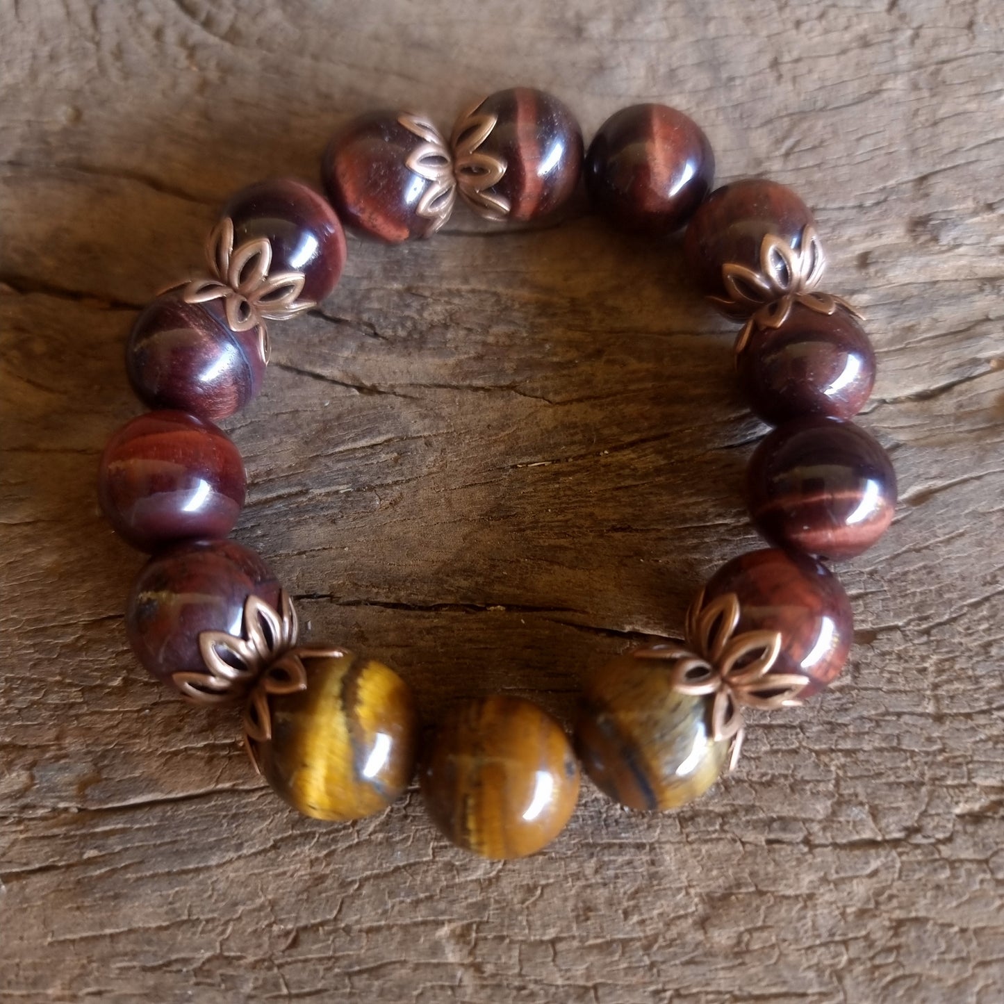 TIGER EYE BROWN & RED ENERGY BRACELET 12 mm - PROTECTION & COURAGE