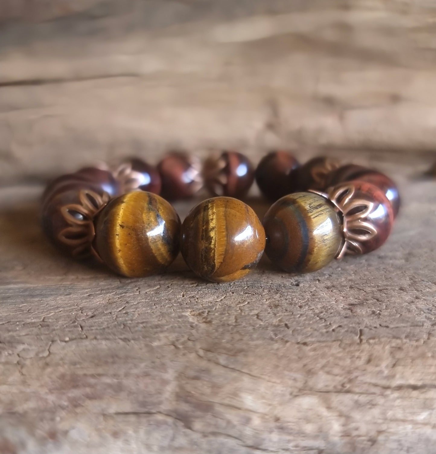 TIGER EYE BROWN & RED ENERGY BRACELET 12 mm - PROTECTION & COURAGE