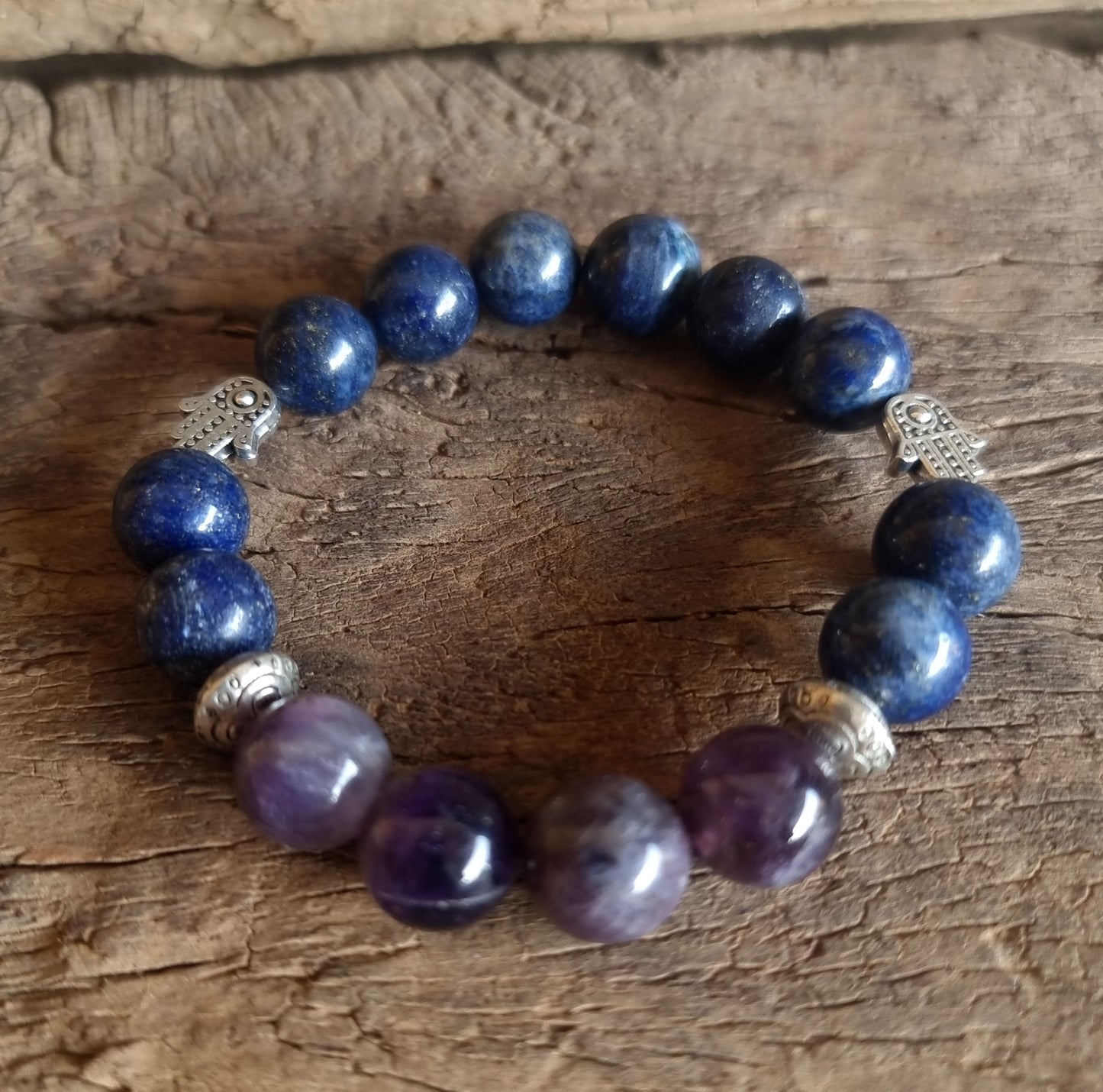 AMETHYST & LAPIS LAZULI HAMSA HAND BRACELET 12mm - INTUITION & WISDOM