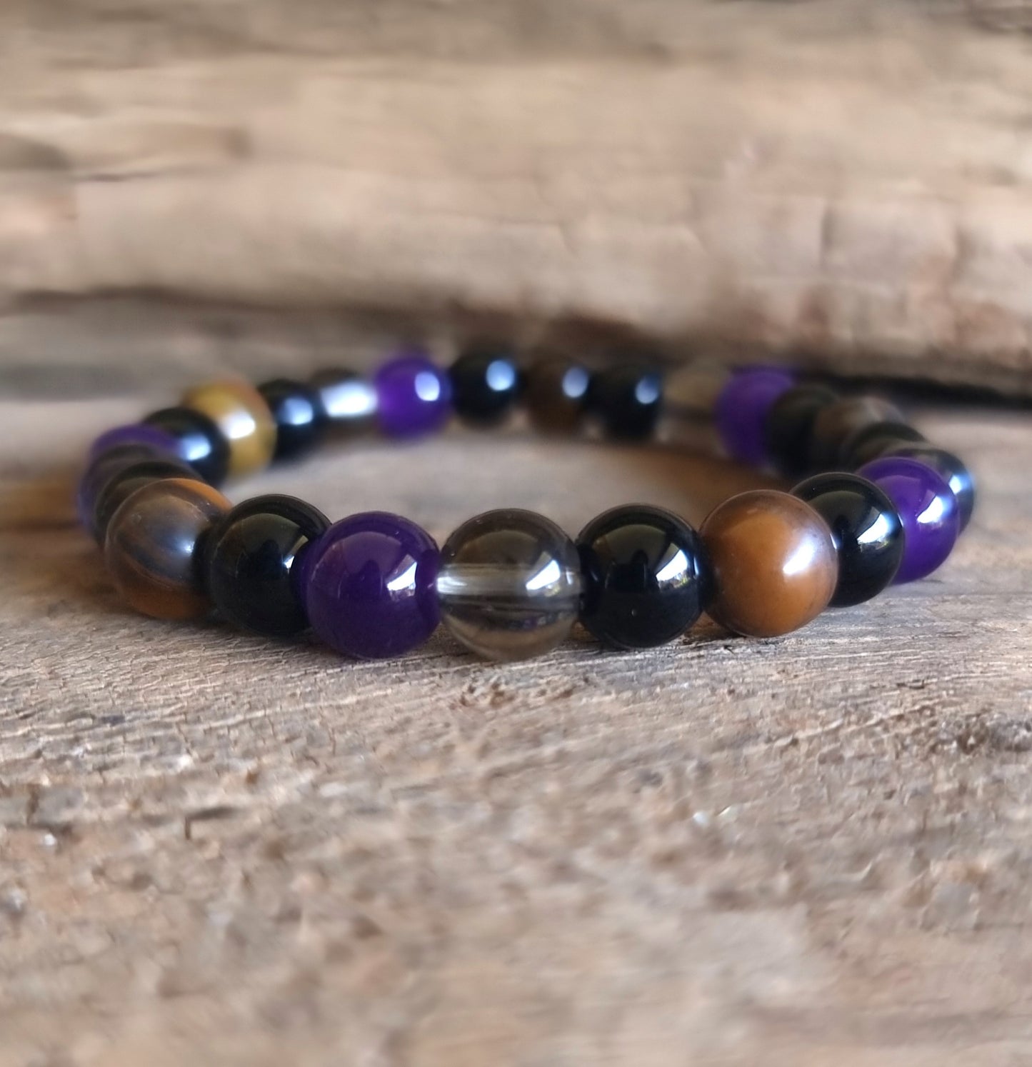 TRIPLE PROTECTION BRACELET 8 mm - AMETHYST, TIGER EYE, OBSIDIAN & SMOKY QUARTZ