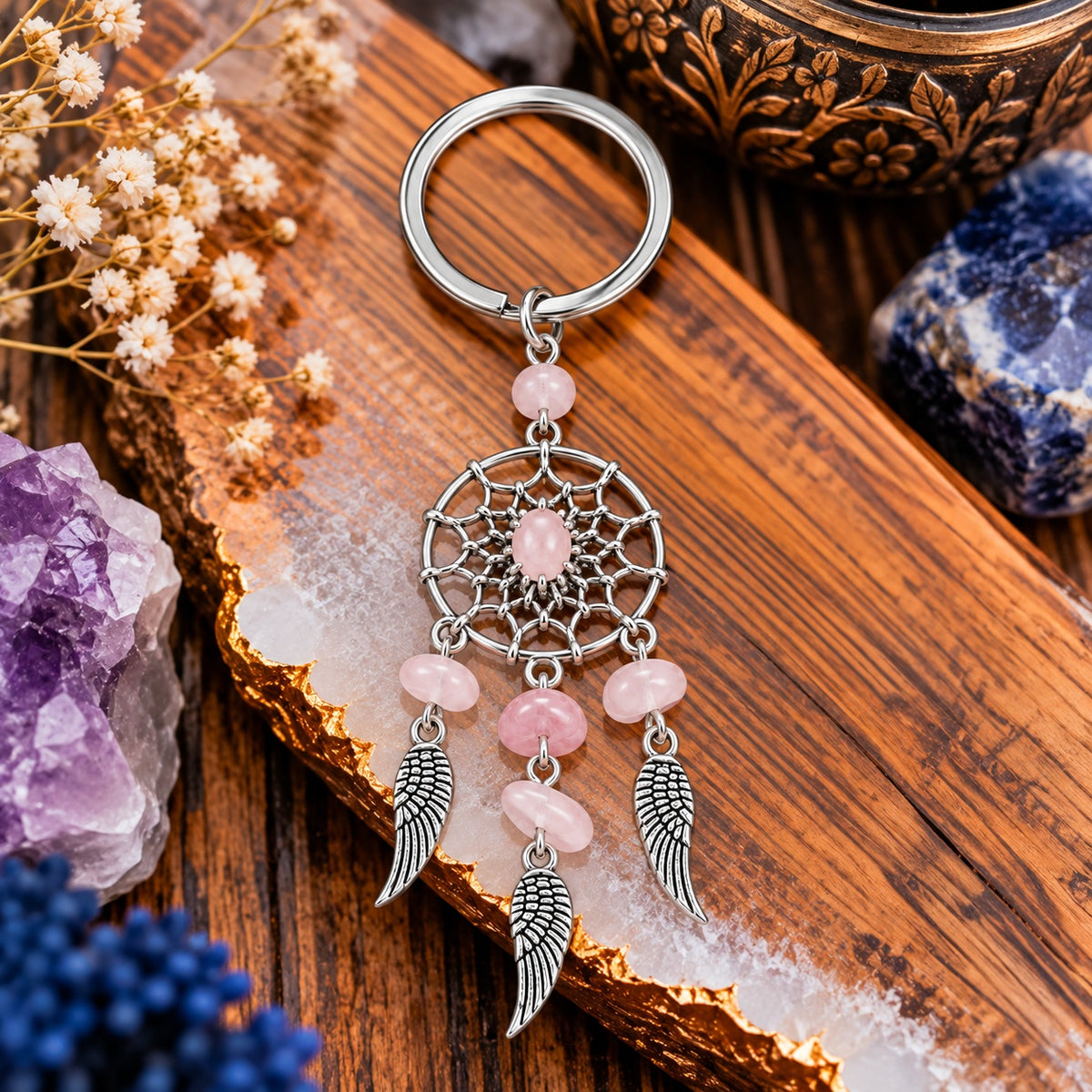 Rose Quartz Dream Catcher Keychain - Wildlings Crystals South Africa