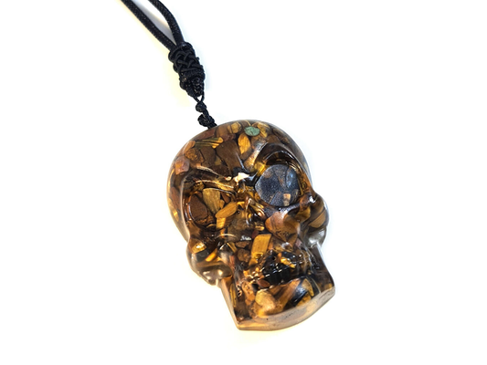 BROWN TIGERS EYE RESIN SKULL NECKLACE - COURAGE & PROTECTION