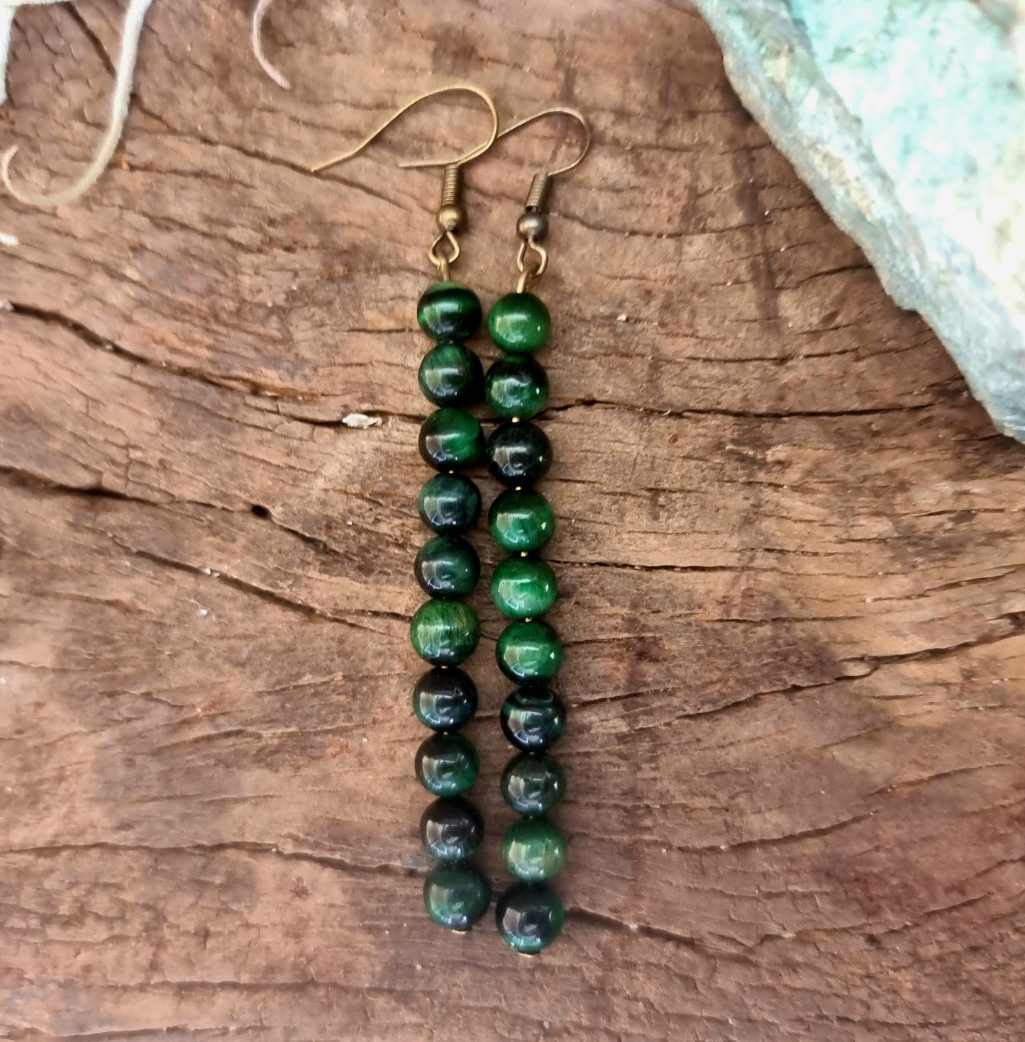 GREEN TIGER EYE  EARRINGS 7cm - PROTECTION